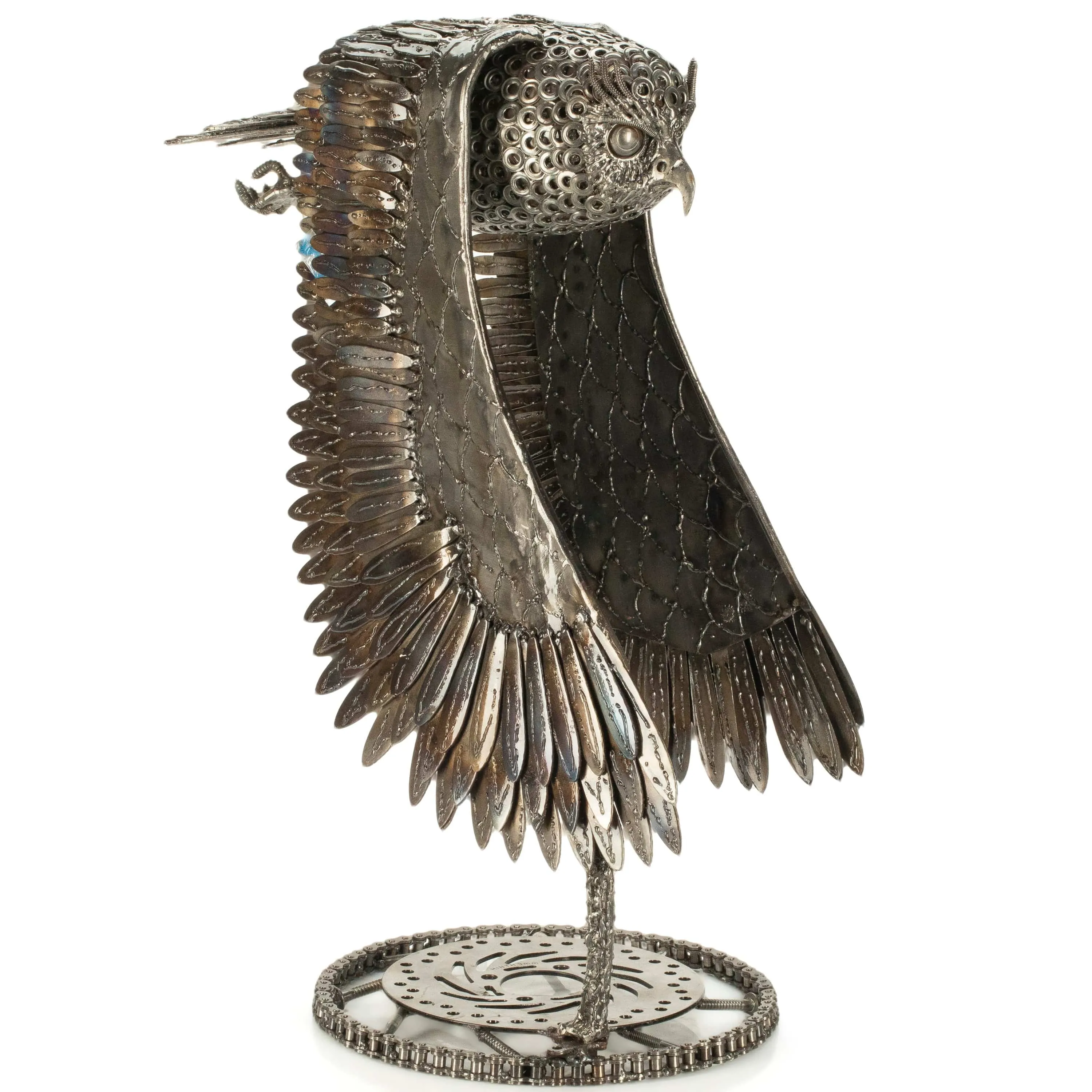27" Flying Owl Recycled Metal Art Sculpture