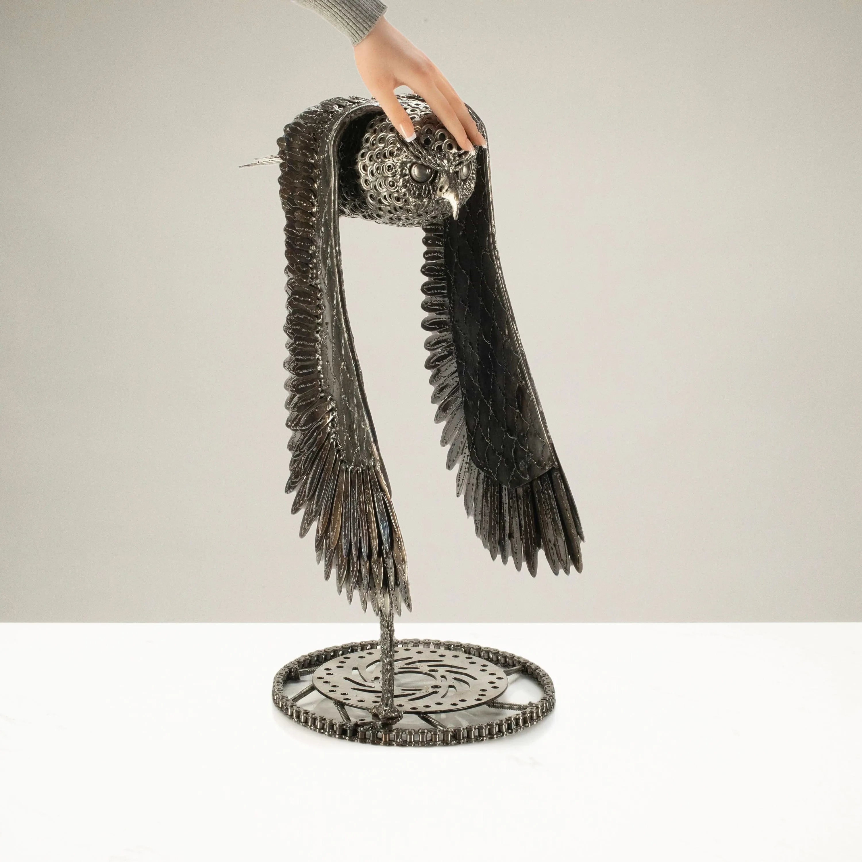 27" Flying Owl Recycled Metal Art Sculpture