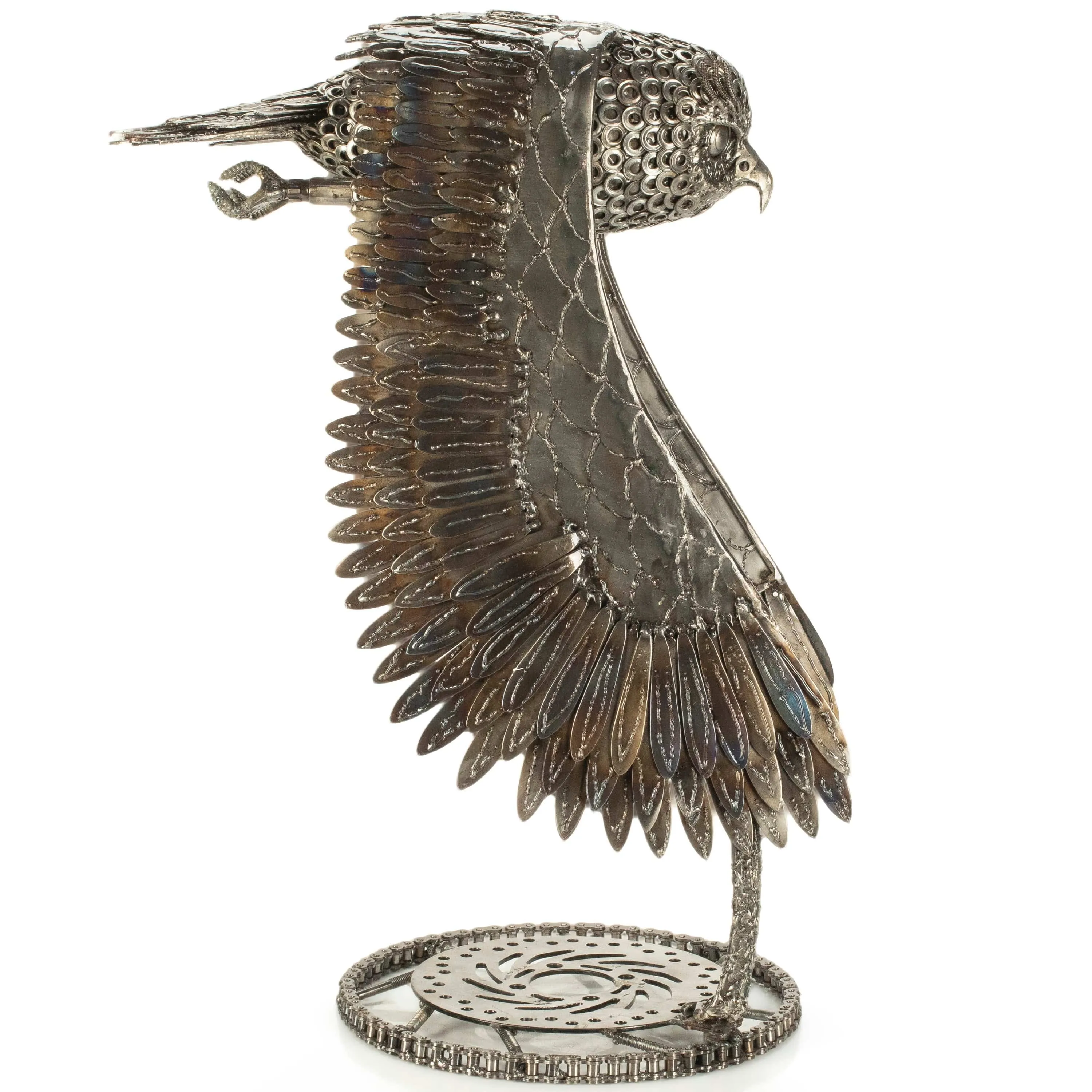 27" Flying Owl Recycled Metal Art Sculpture