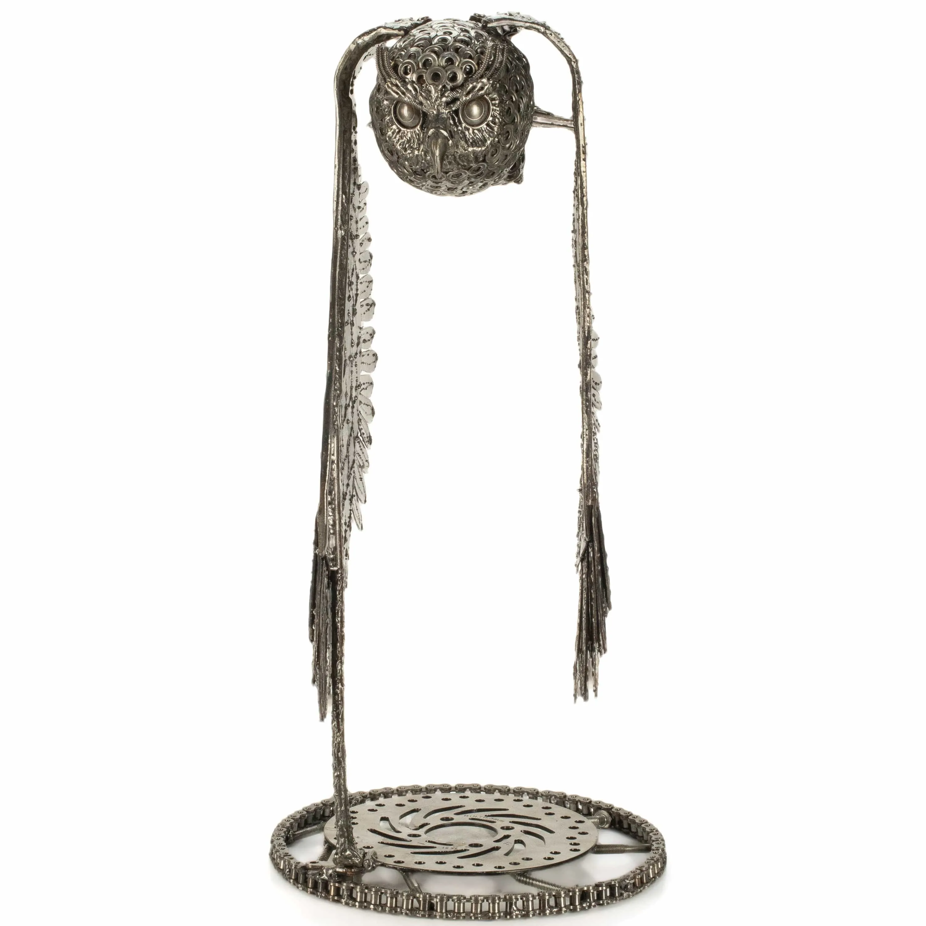 27" Flying Owl Recycled Metal Art Sculpture