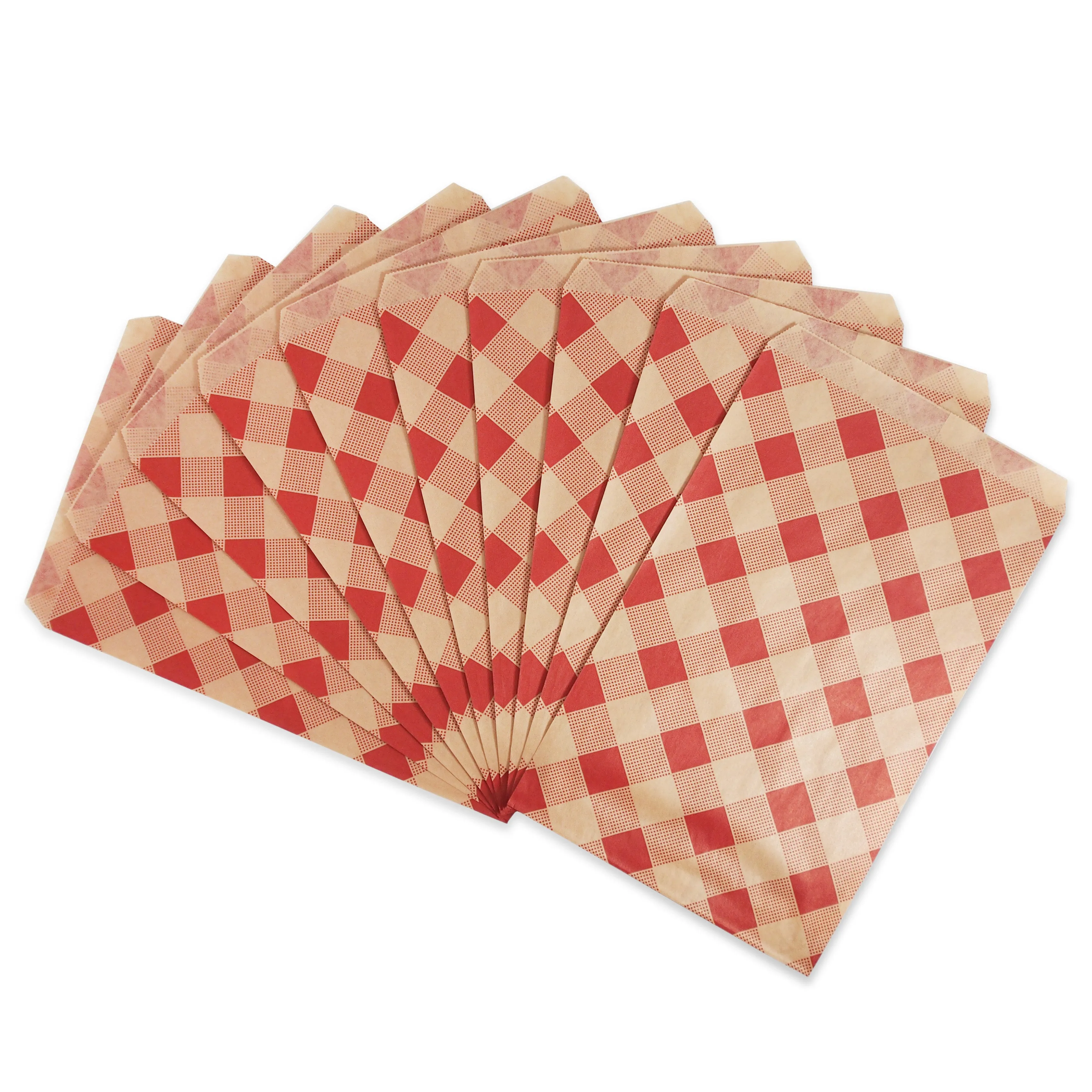 6" x 9" Decorative Flat Paper Gift Bags - Woven Red-Buffalo Pattern on Brown Kraft Bags - For Sales/Treats/Parties/Cookies/Gifts