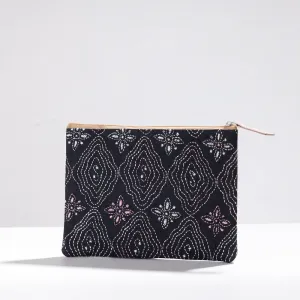 Black - Handcrafted Kantha Embroidery Multipurpose Pouch