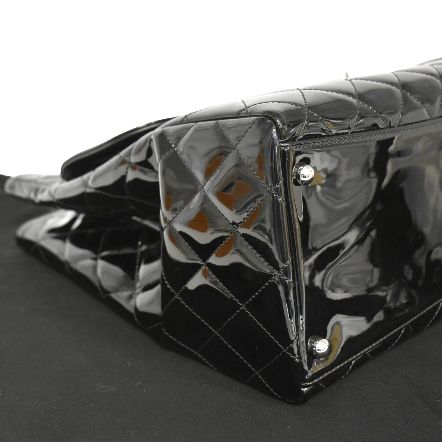 CHANEL Front Pocket Quilted Patent Leather Shopping Tote Bag Black
