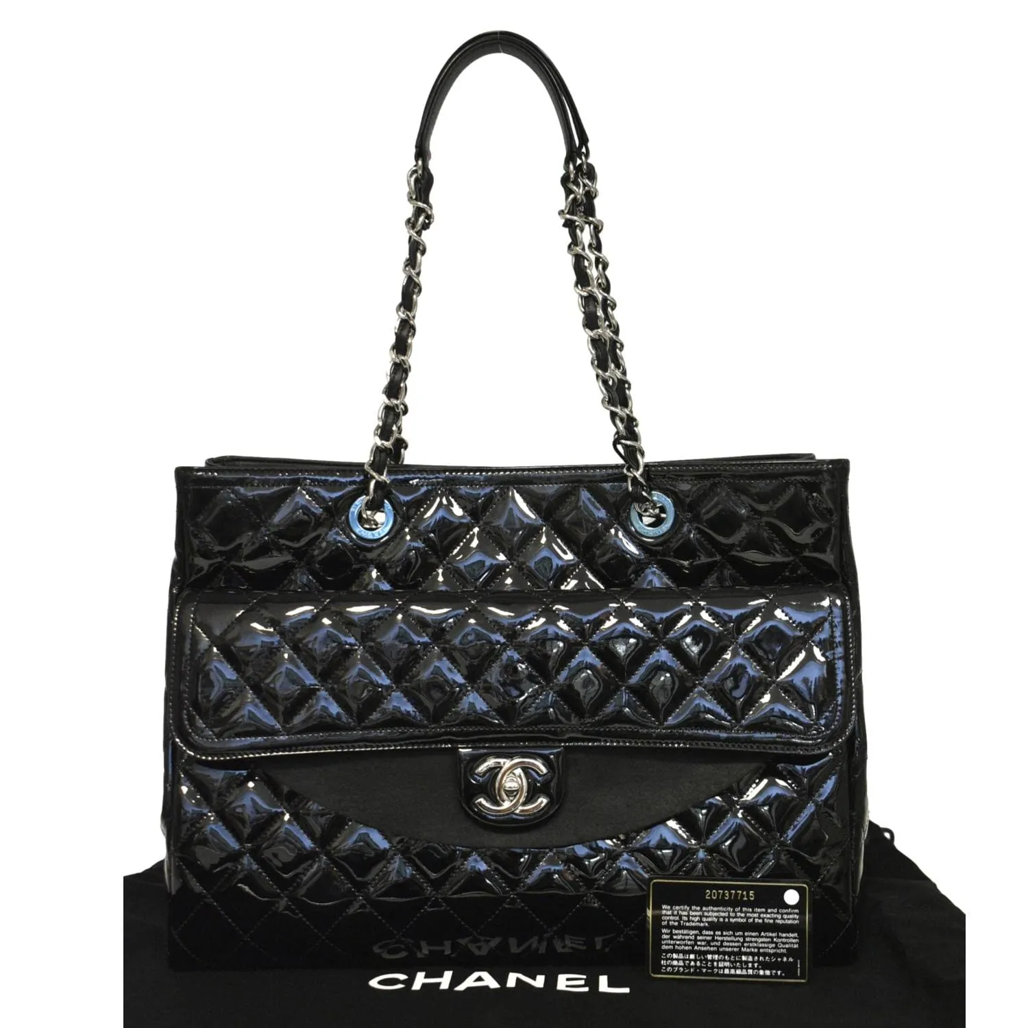 CHANEL Front Pocket Quilted Patent Leather Shopping Tote Bag Black