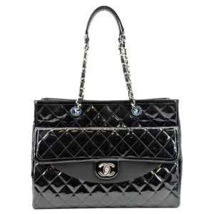 CHANEL Front Pocket Quilted Patent Leather Shopping Tote Bag Black