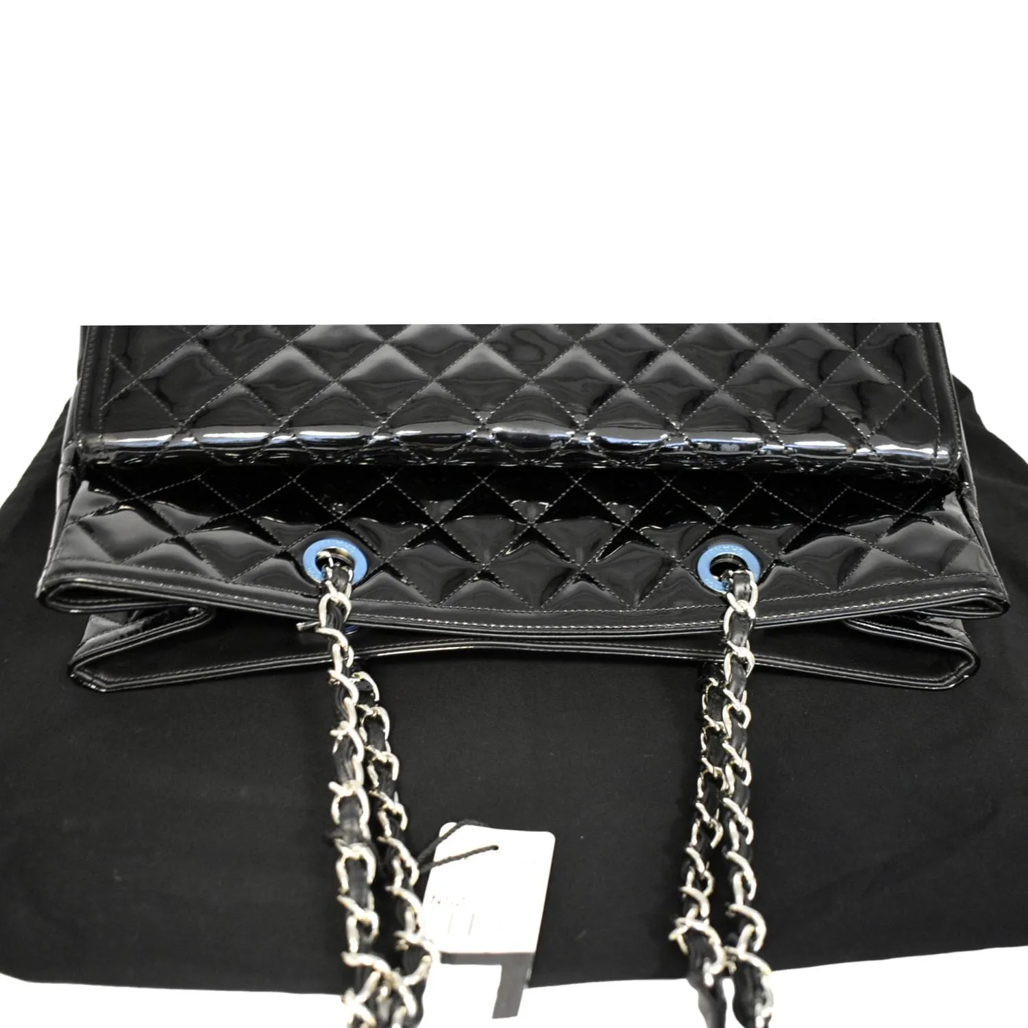 CHANEL Front Pocket Quilted Patent Leather Shopping Tote Bag Black