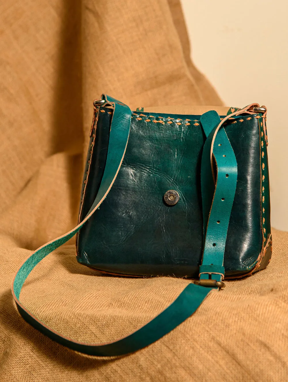 Handcrafted Jawaja Leather Bag with Contrast Hand Stitch Detail