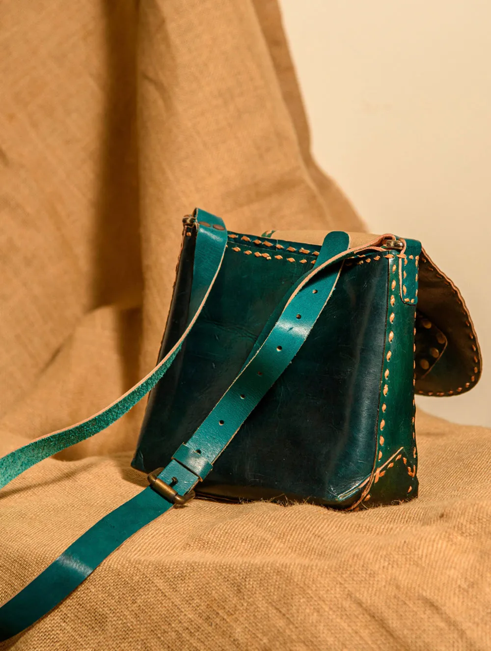 Handcrafted Jawaja Leather Bag with Contrast Hand Stitch Detail