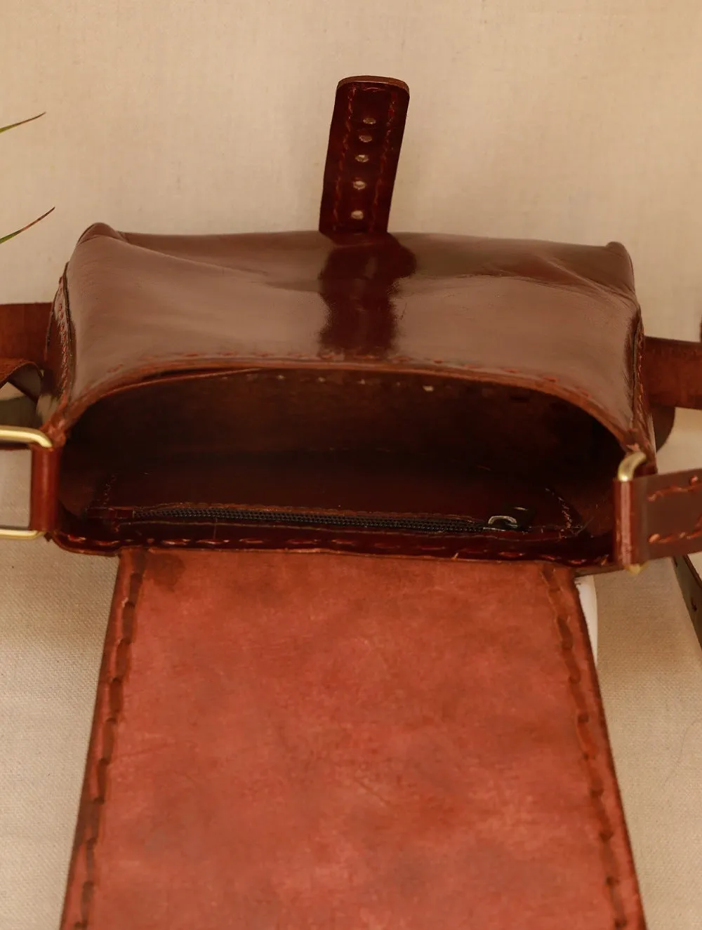 Handcrafted Jawaja Leather Sling Bag with Buckle & Hand Stitch Detail - Brown