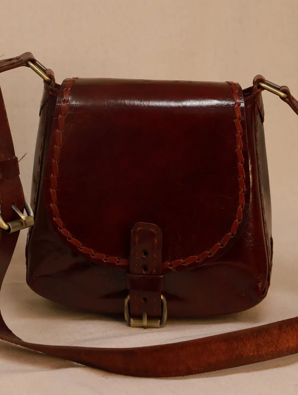 Handcrafted Jawaja Leather Sling Bag with Buckle & Hand Stitch Detail - Brown