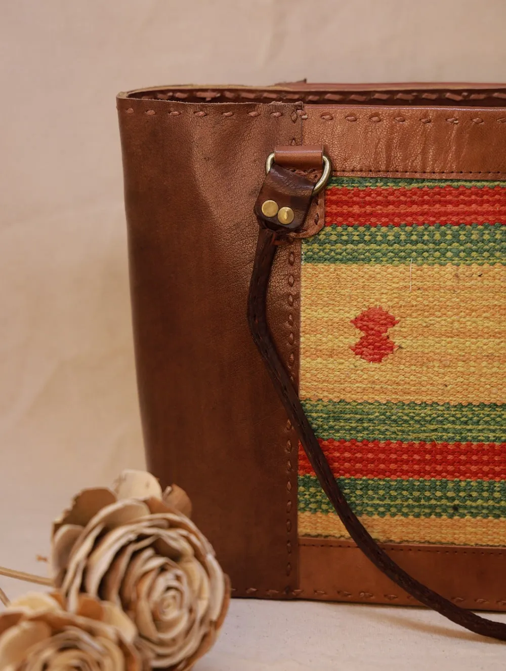 Handcrafted Jawaja Leather Tote Bag with Rug Patch - Brown & Pale Yellow