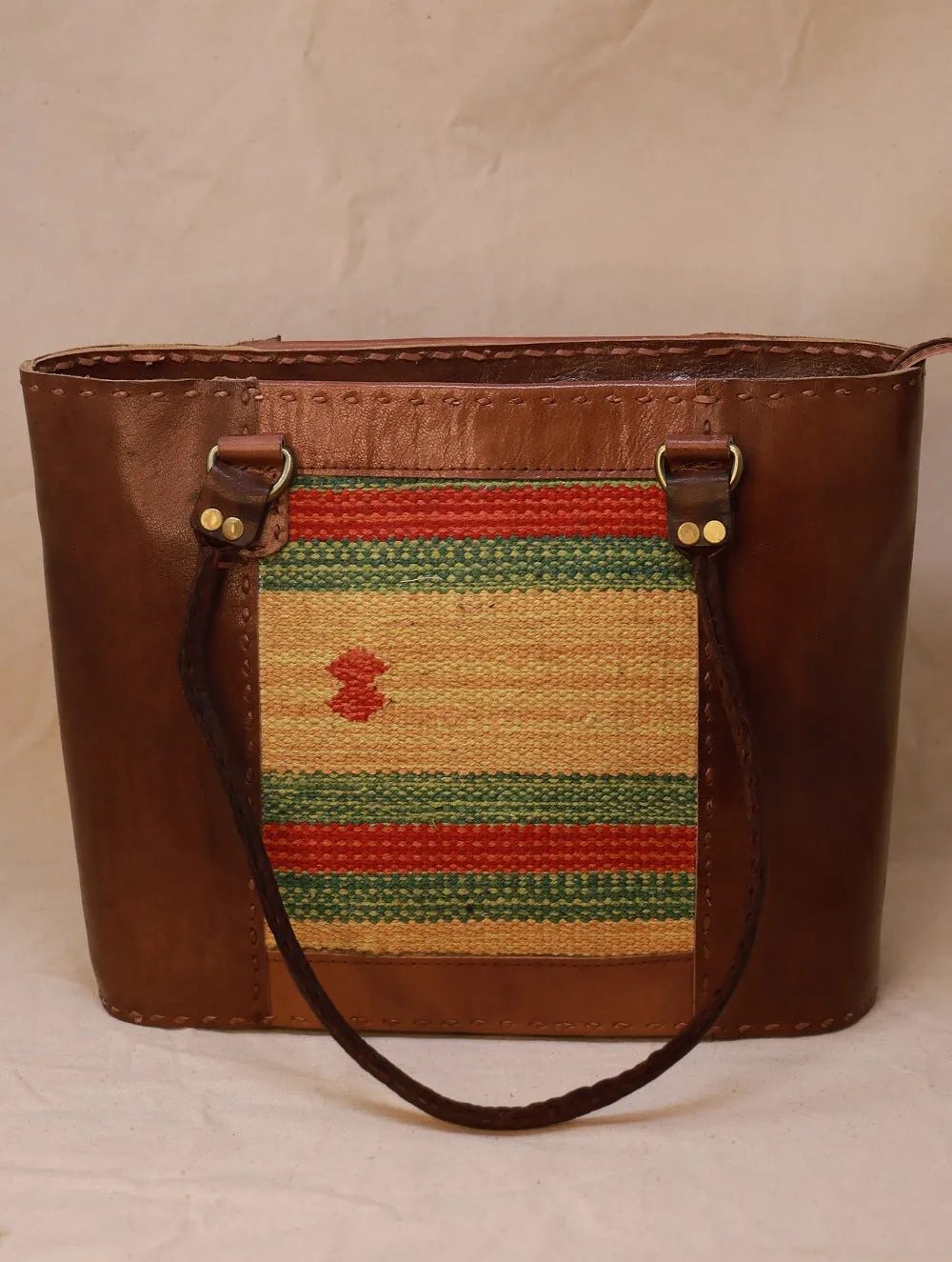 Handcrafted Jawaja Leather Tote Bag with Rug Patch - Brown & Pale Yellow