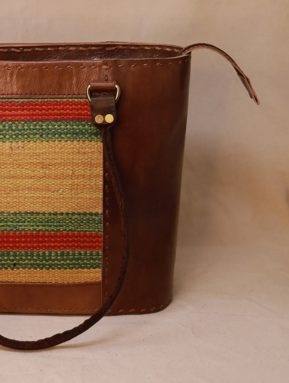 Handcrafted Jawaja Leather Tote Bag with Rug Patch - Brown & Pale Yellow
