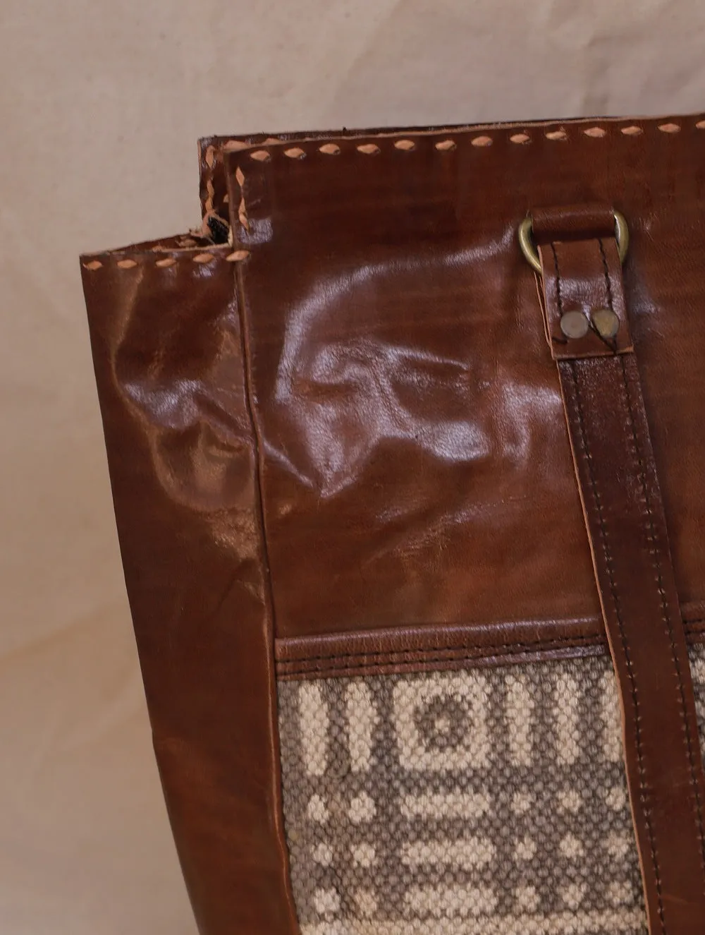 Handcrafted Jawaja Leather Tote Bag with Rug Patch - Brown