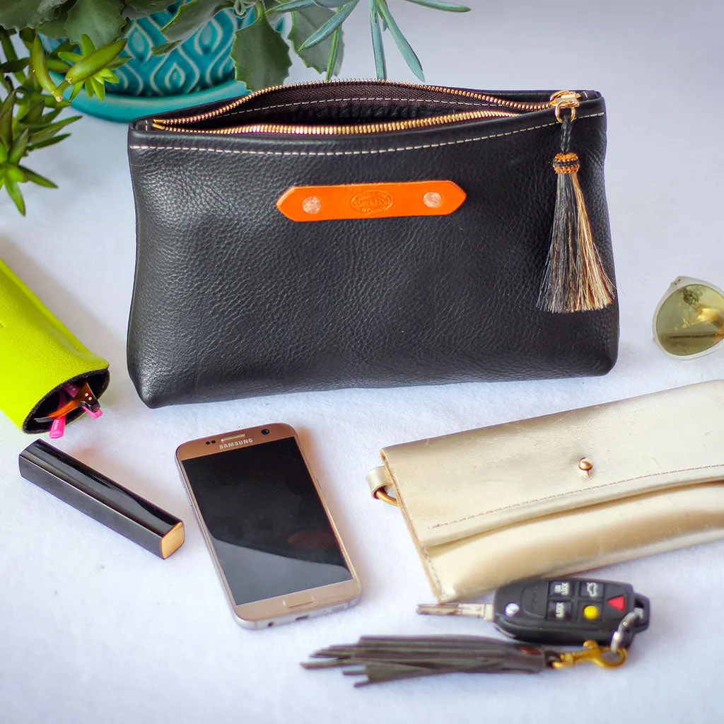 Silver Shimmer & Black Hide Zippy Clutch