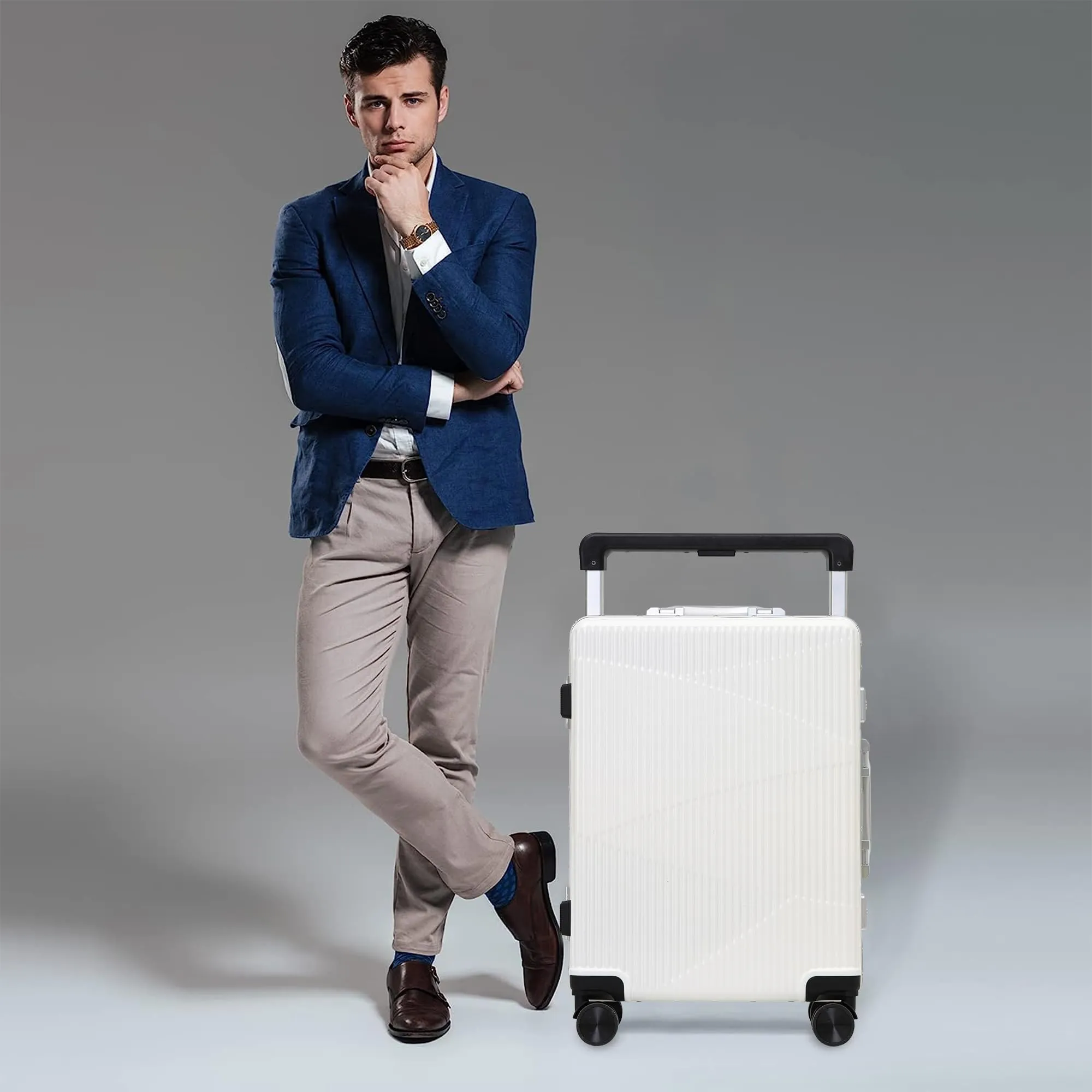THE CLOWNFISH Polyester Aeroglide Series Spinner Hard Shell Trolley Bags For Travel|Suitcase For Travel|Cabin 8 Wheels Trolley Bags Luggage Bags|Polycarbonate|41 Litres|Metallic White,60 Cm,Large
