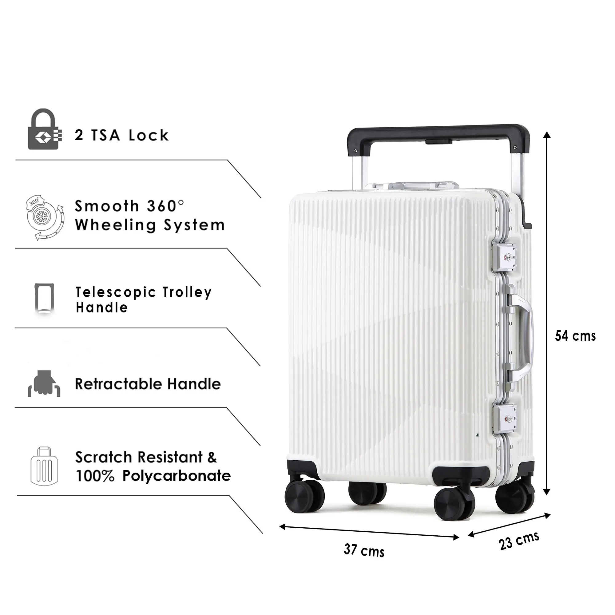 THE CLOWNFISH Polyester Aeroglide Series Spinner Hard Shell Trolley Bags For Travel|Suitcase For Travel|Cabin 8 Wheels Trolley Bags Luggage Bags|Polycarbonate|41 Litres|Metallic White,60 Cm,Large