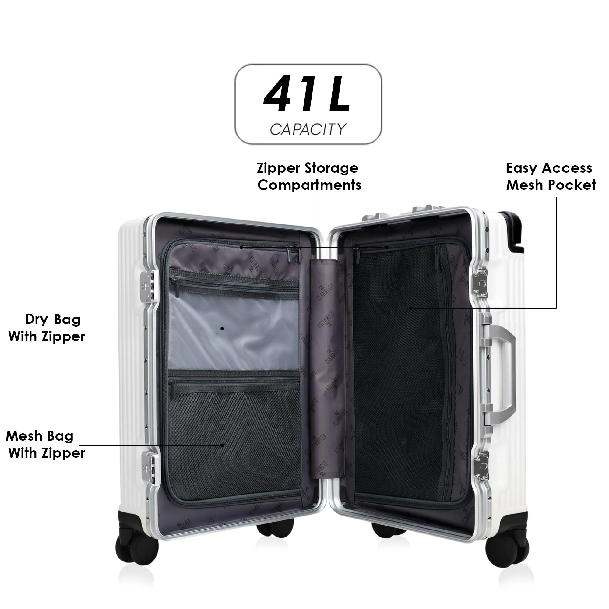 THE CLOWNFISH Polyester Aeroglide Series Spinner Hard Shell Trolley Bags For Travel|Suitcase For Travel|Cabin 8 Wheels Trolley Bags Luggage Bags|Polycarbonate|41 Litres|Metallic White,60 Cm,Large