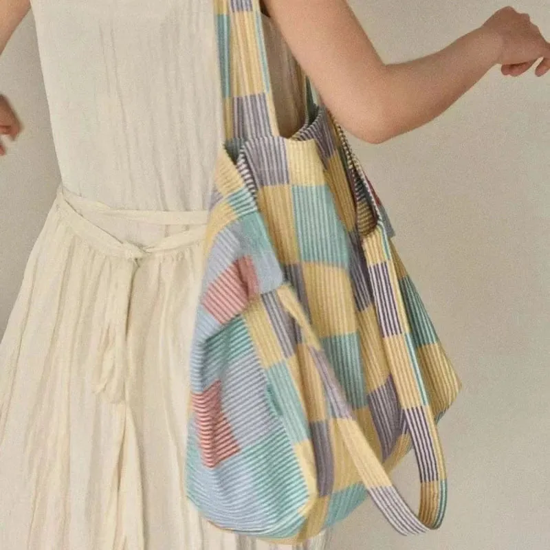 UAKISS  -  Casual Fashion Chic Plaid Canvas Bags All Match Y2k Aesthetic Shoulder Underarm Bag Women High-capacity Sweet Handbags Crossbody