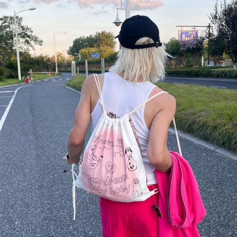 UAKISS  -  Korean Elegant Contrast Color Tote Bags Sweet Kawaii Drawstring Letter Backpacks Y2k Women Casual Shoulder Crossbody Handbags