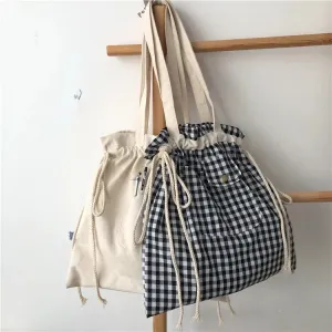 UAKISS  -  Korean Ins Simple Girls Canvas Bag Japanese Chic Y2k Aesthetic Casual Tote Bags Drawstring Pleated Shoulder Handbags for Women