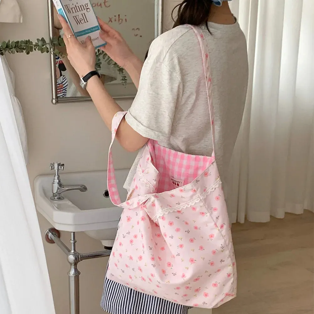 Uakiss Pink Floral Canvas Shoulder Bag Handbag Korean Travel Beach Bag Double-sided Shopping Totes Bag Girl Lace Underarm Bag