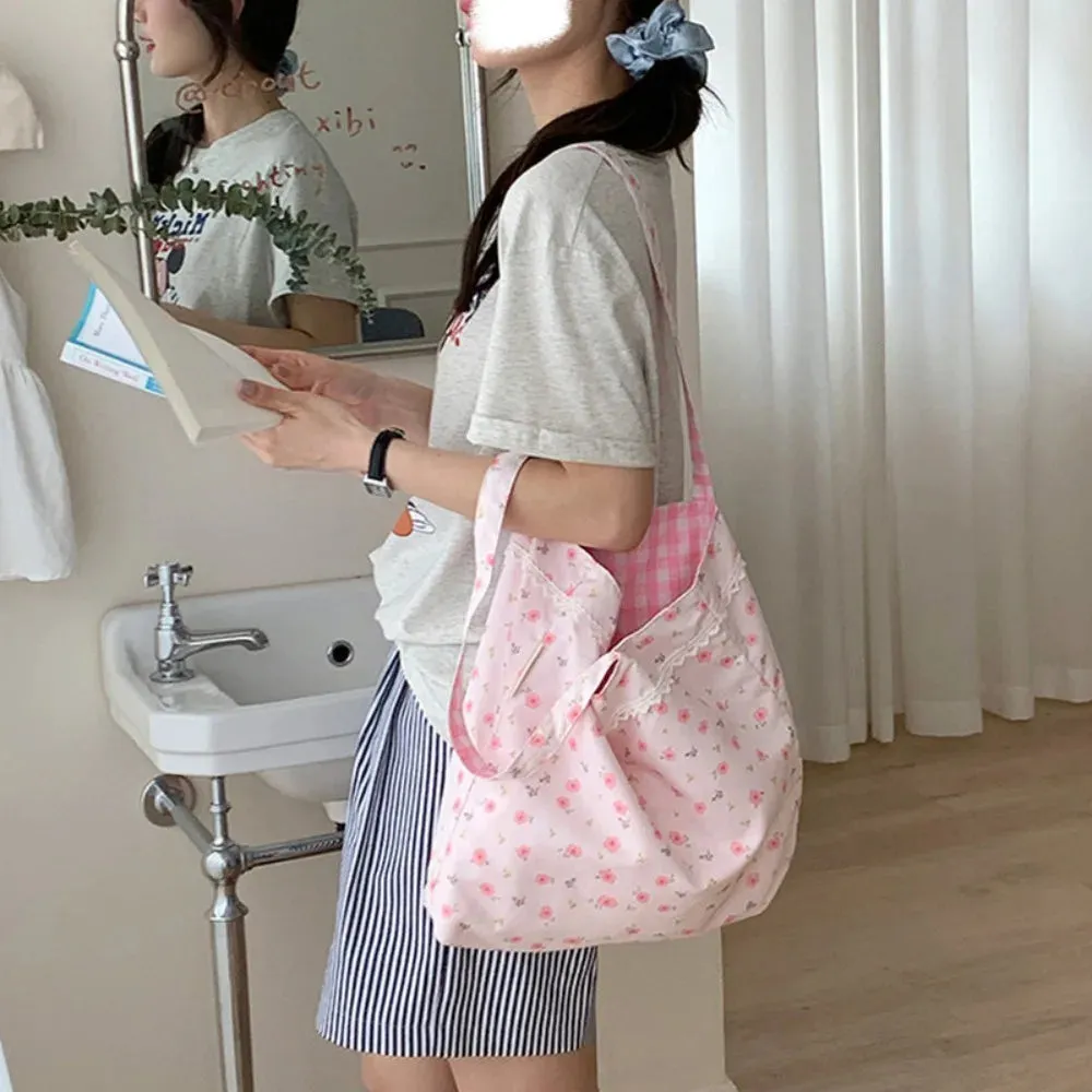 Uakiss Pink Floral Canvas Shoulder Bag Handbag Korean Travel Beach Bag Double-sided Shopping Totes Bag Girl Lace Underarm Bag