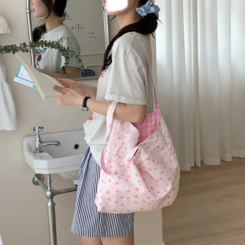 Uakiss Pink Floral Canvas Shoulder Bag Handbag Korean Travel Beach Bag Double-sided Shopping Totes Bag Girl Lace Underarm Bag