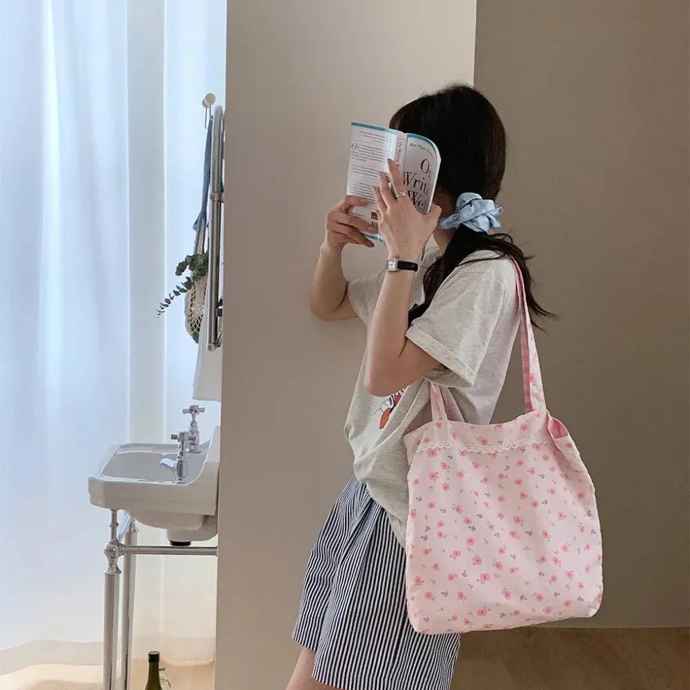 Uakiss Pink Floral Canvas Shoulder Bag Handbag Korean Travel Beach Bag Double-sided Shopping Totes Bag Girl Lace Underarm Bag