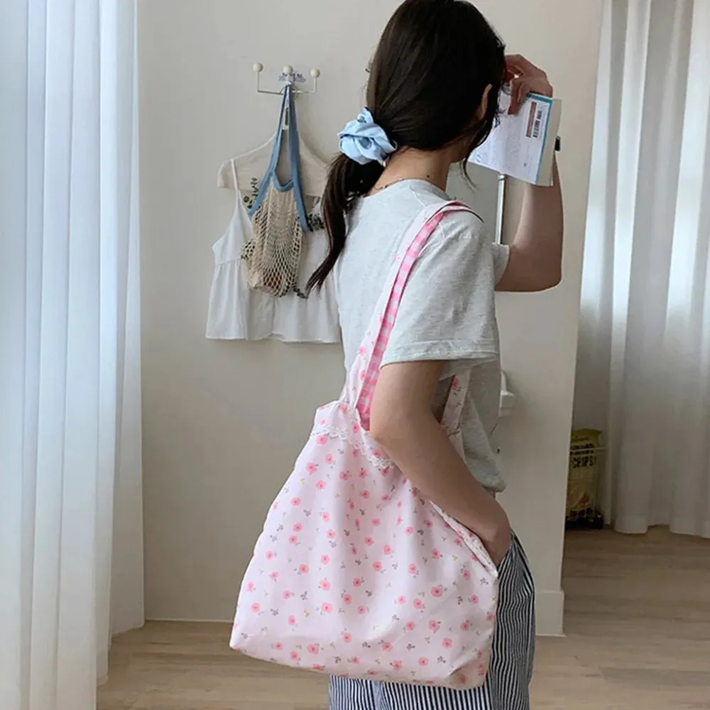 Uakiss Pink Floral Canvas Shoulder Bag Handbag Korean Travel Beach Bag Double-sided Shopping Totes Bag Girl Lace Underarm Bag