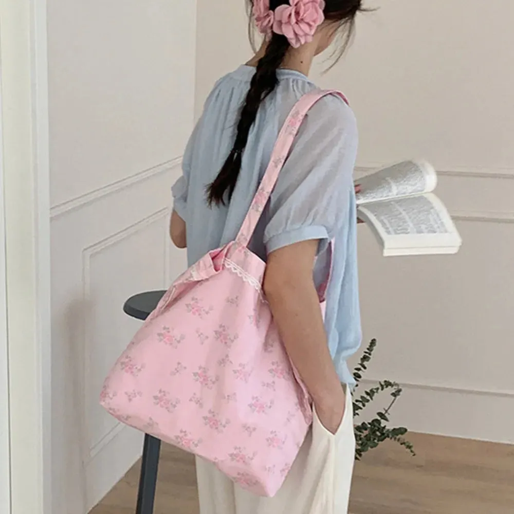 Uakiss Pink Floral Canvas Shoulder Bag Handbag Korean Travel Beach Bag Double-sided Shopping Totes Bag Girl Lace Underarm Bag