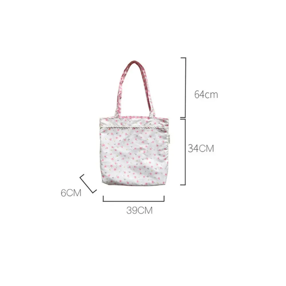 Uakiss Pink Floral Canvas Shoulder Bag Handbag Korean Travel Beach Bag Double-sided Shopping Totes Bag Girl Lace Underarm Bag